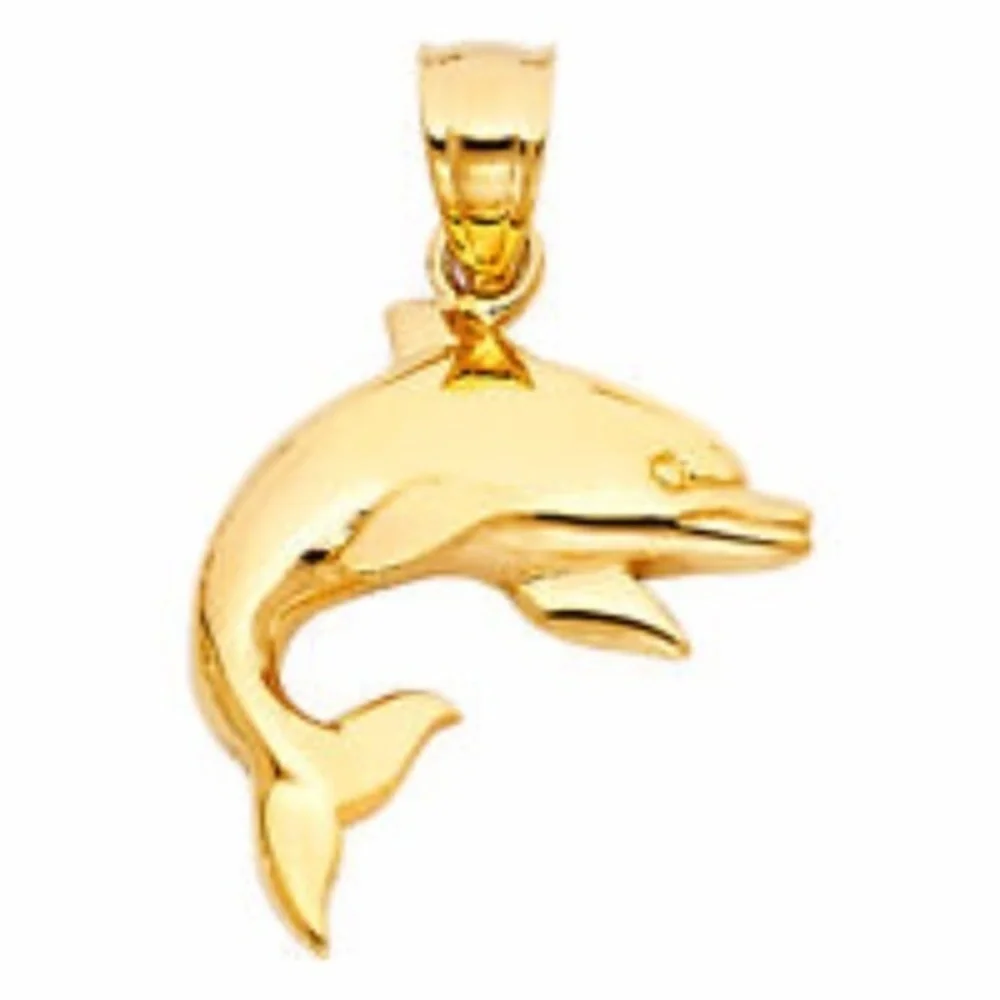14k Solid Yellow Gold Dolphin Charm Pendant